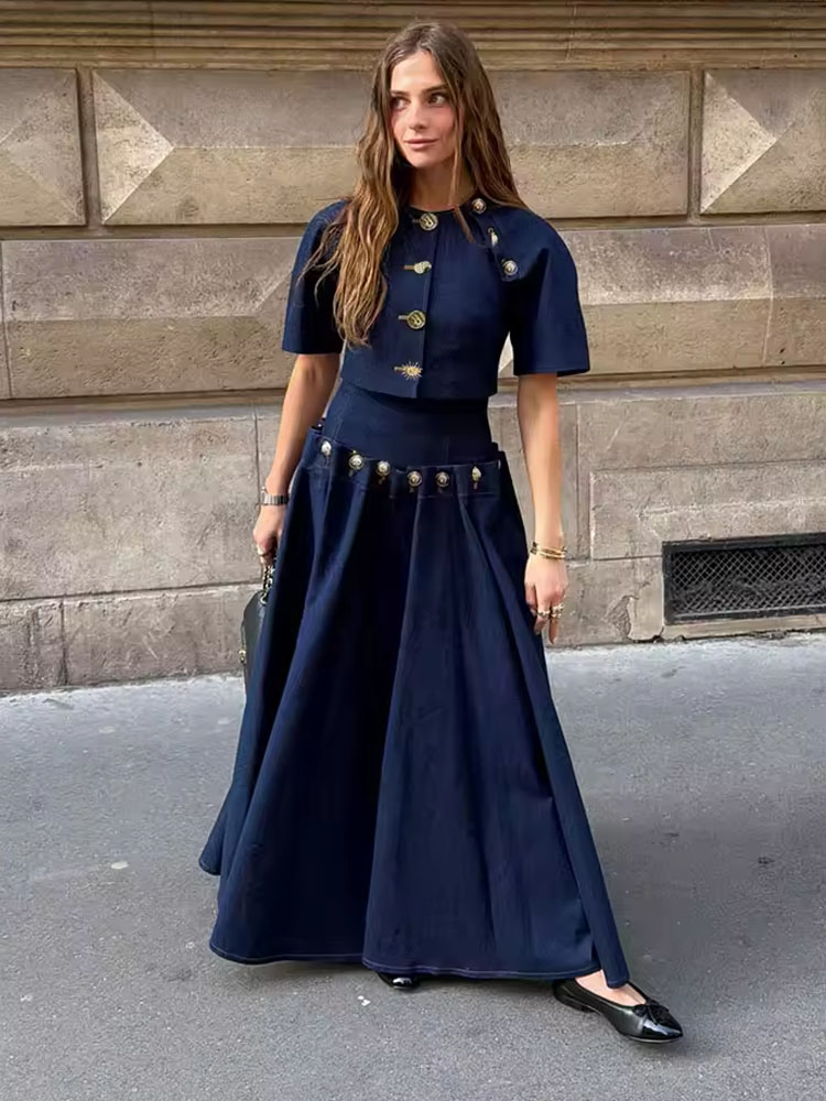 Ensemble jupe et haut en jean vintage élégant pour femme, avec boutons métalliques, patchwork, haut court à manches mi-longues et jupe longue trapèze à lacets, ensemble deux pièces