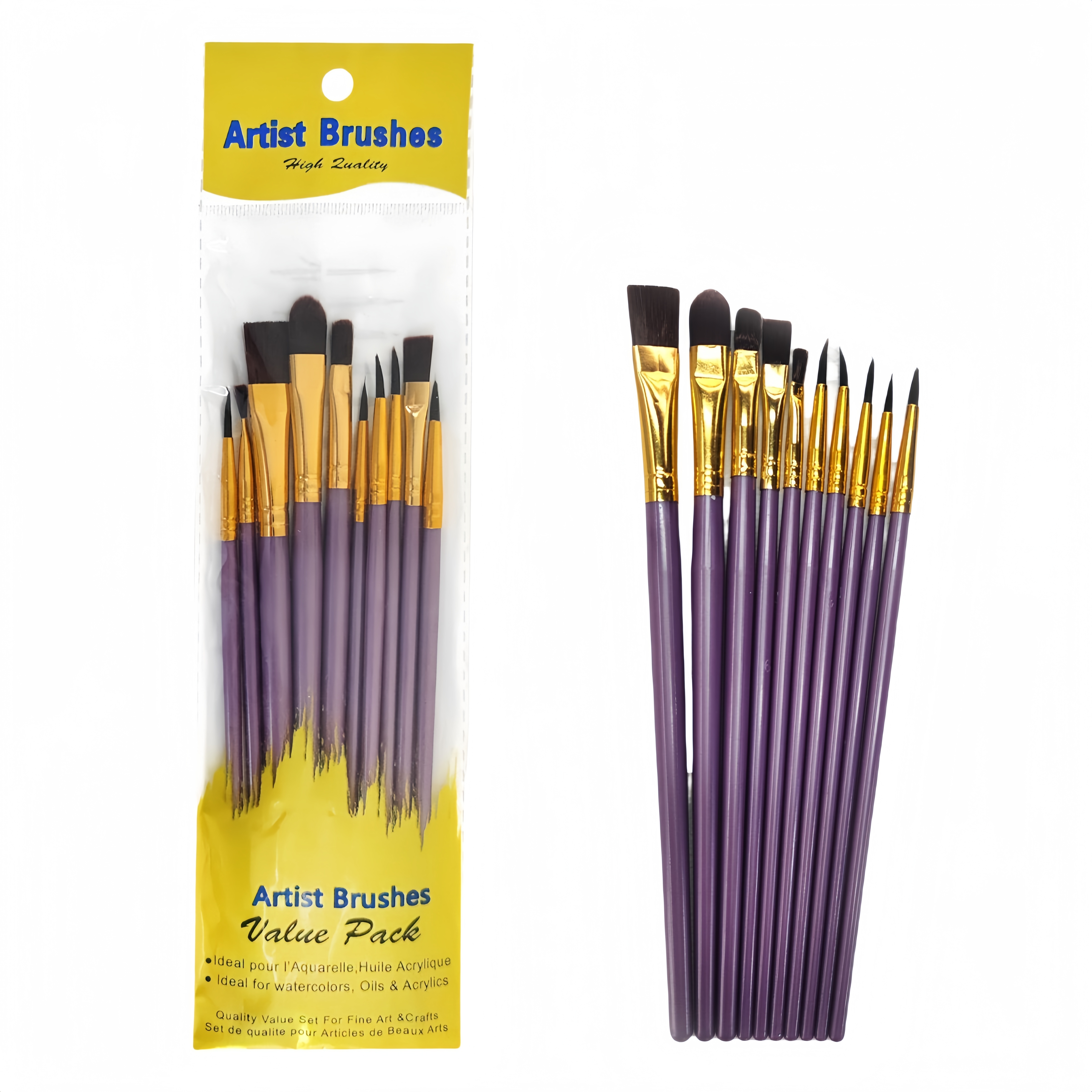 Set di 10 Pennelli in Nylon di Alta Qualità con Manico in Plastica per Pittura ad Olio, Acquerello e Gouache