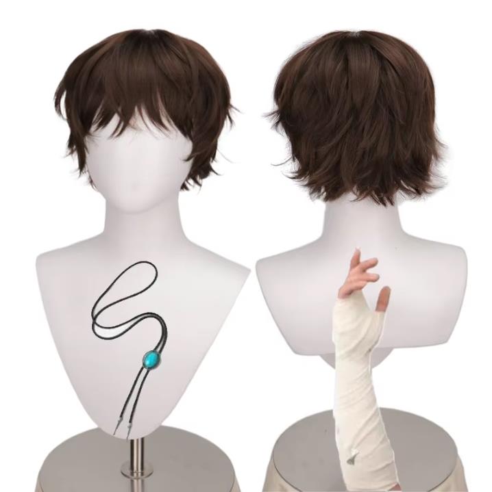 Peluca de Cosplay de Anime Dazai Osamu, pelucas de pelo sintético cortas marrones resistentes al calor, peluca de Osamu Dazai para Halloween