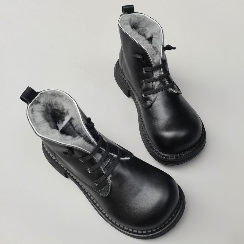 Botas cortas de piel de oveja para mujer, zapatos de algodón con punta ancha, antideslizantes, para nieve, de piel auténtica, de lana natural, para invierno