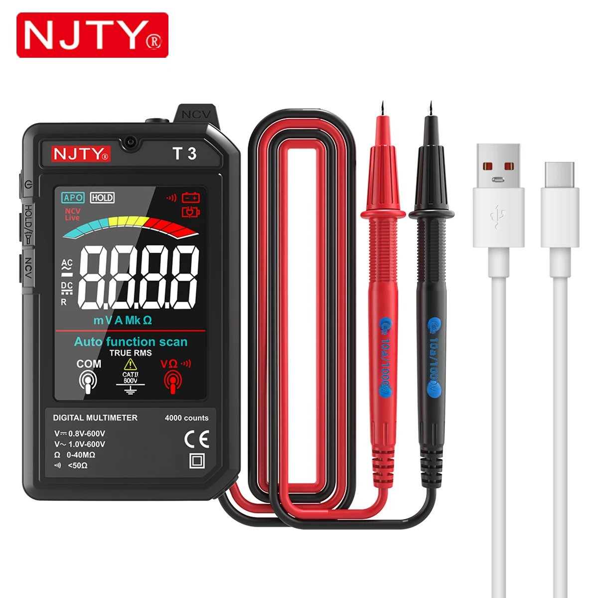 NJTY-multímetro Digital inteligente T3, carga tipo c, rango automático, 4000 recuentos, herramienta multímetro de pantalla a Color de cable vivo NCV ultrafino