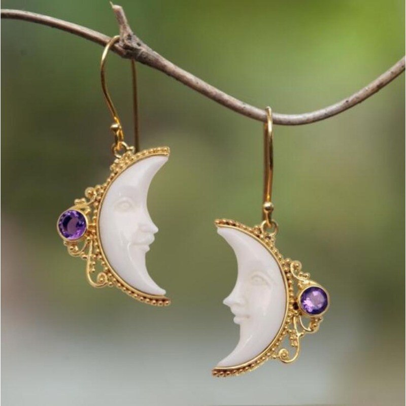 Anting-anting Juntai warna emas perhiasan batu ungu bulat bulan putih hadiah pesta