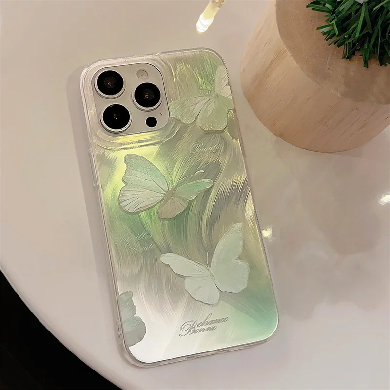 Grüne Farbverlaufs-Schmetterlingsmuster-Handyhülle für iPhone 16e 11 12 13 14 15 16 Pro Max XR XS X 7 8 Plus, stoßfeste Glitzerhülle