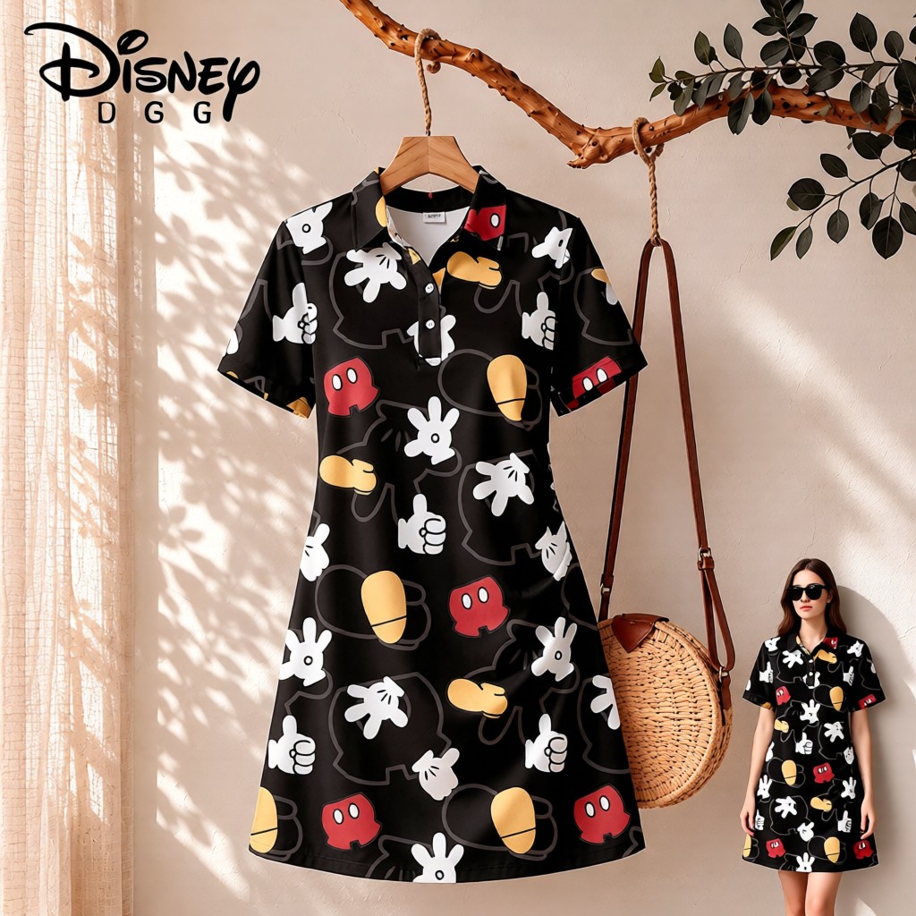 Vestido con cuello tipo polo y estampado de Mickey Mouse de Disney para mujer, ropa Cuteore de moda 2026, ropa de calle de manga corta con estampado de Anime