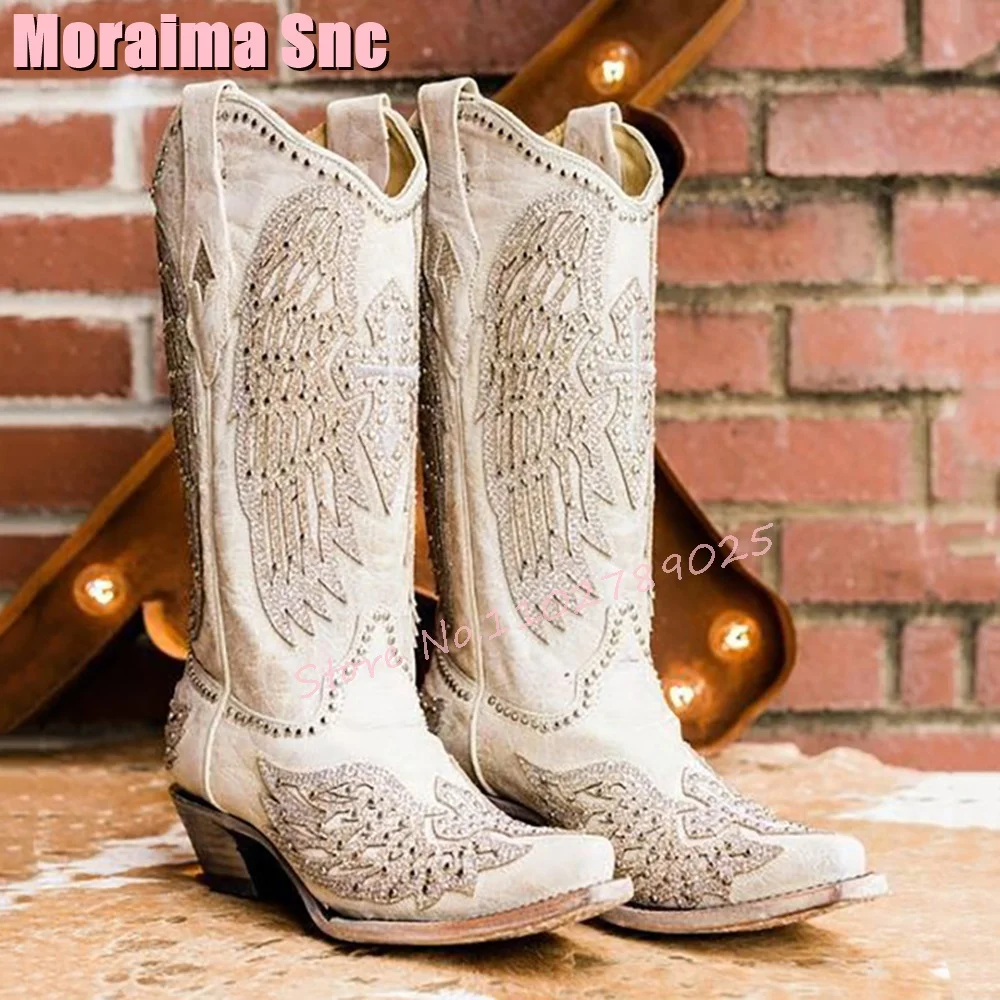 Sepatu bot Barat ujung runcing, sepatu bot hak sedang Slip On Bling Totem, sepatu bot setengah betis modis musim gugur musim dingin 2024 terbaru