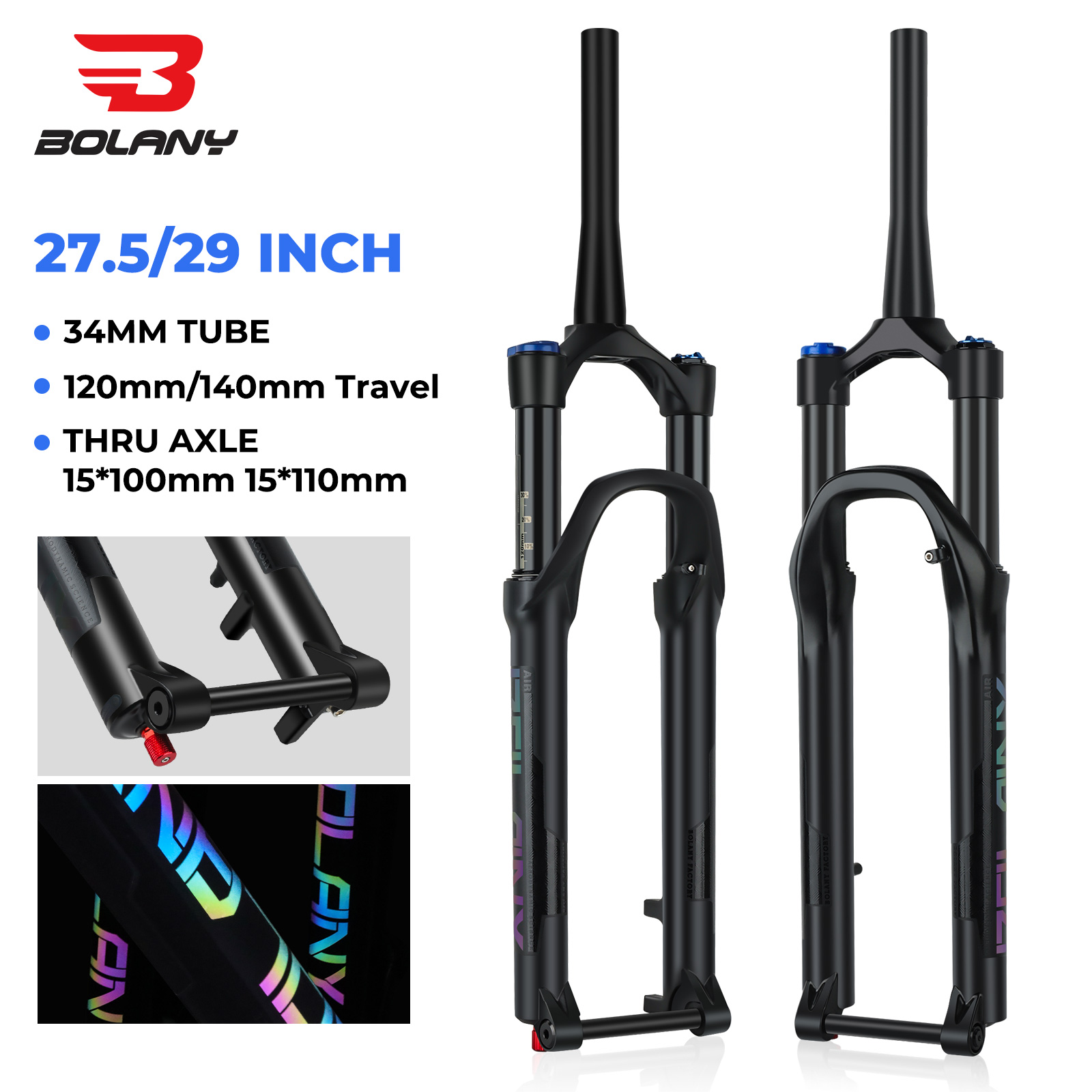 BOLANY 27.5/29inch Boost Bicycle Fork Thru Axle 100/110mm 34mm Tube Tapered Rebound Adjustment 120/140mm Travel Suspension Fork