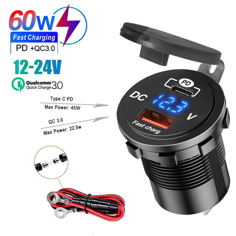 Toma de cargador de coche PD QC3.0 de 60W con medidor de voltaje, toma de corriente de carga rápida 3,0 para motocicleta, camión y barco de 12V/24V
