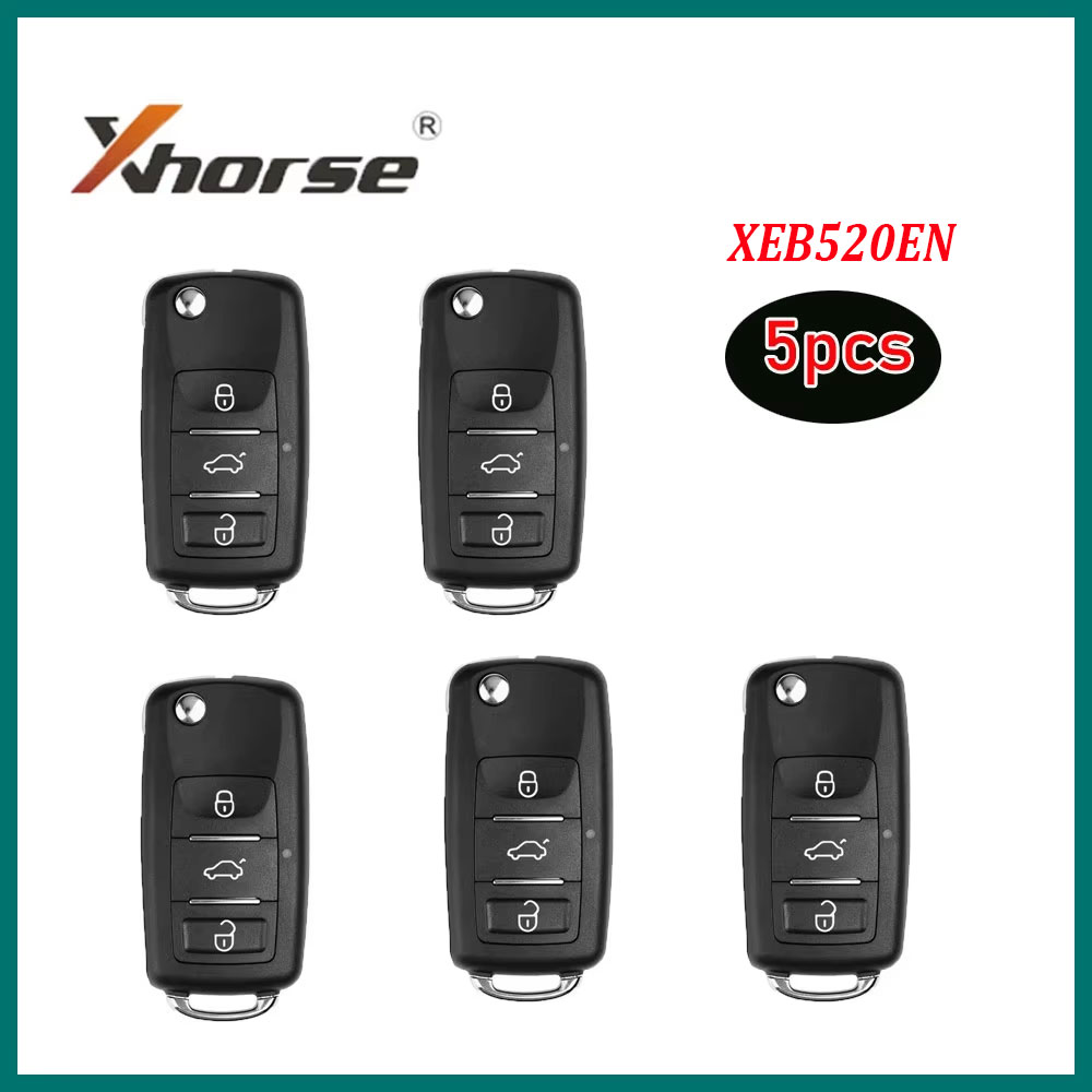 Lot de 5 clés télécommandes Xhorse XEB520EN (mise à niveau de l'XEB510EN B5) avec puce XT27B Super Chip, 3 boutons, pour clés de voiture Volkswagen, compatibles avec VVDI Key Tool