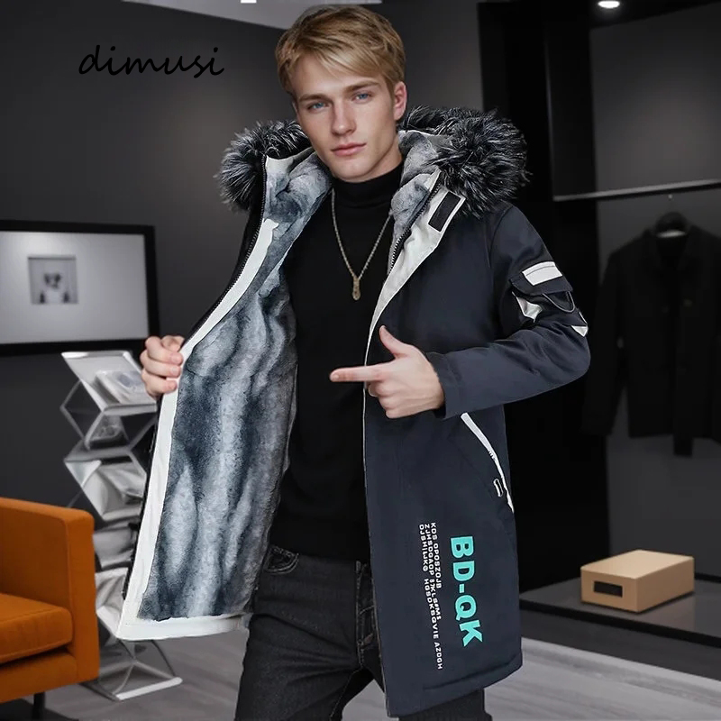 Dimusi casacos parkas de inverno masculinos, casacos térmicos com capuz, gola de pele clássica, forro de lã, roupas acolchoadas
