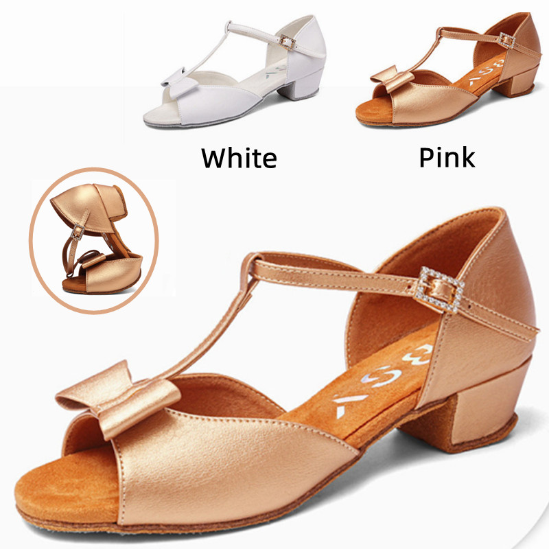 Mới Trắng Hồng Satin Nơ Bé Gái Trẻ Em/Con/Trẻ Em Bóng Tango Salsa Nhảy Latin Giày Gót Thấp 3.5CM