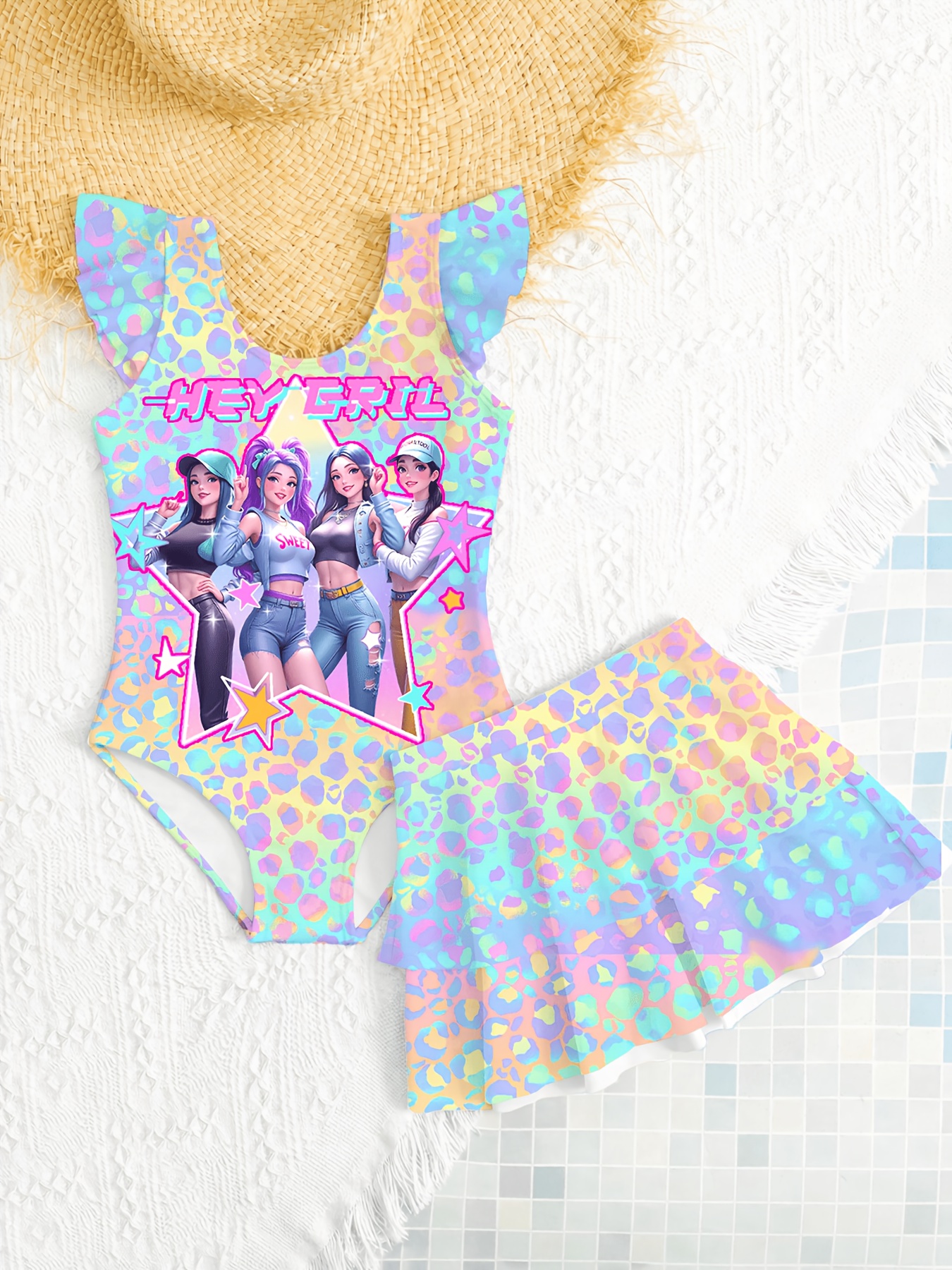 Pakaian Renang Kasual Musim Panas Anak Perempuan, Baju Renang Satu Potong Anak-anak, Gaun Pantai, Baju Renang Anak Perempuan Dua Potong, Cetakan Kartun Pelangi Gradasi, Manis dan Lucu, Cocok untuk Anak Perempuan Usia 4-12 Tahun, Pakaian Kolam Renang dan P