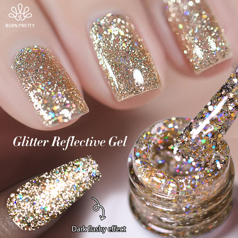 BORN PRETTY Champagne Gold Glitter Светоотражающий гель-лак для ногтей 10 мл Сверкающий гель для ногтей Varnis Полуперманентный УФ-гель Гель для дизайна ногтей