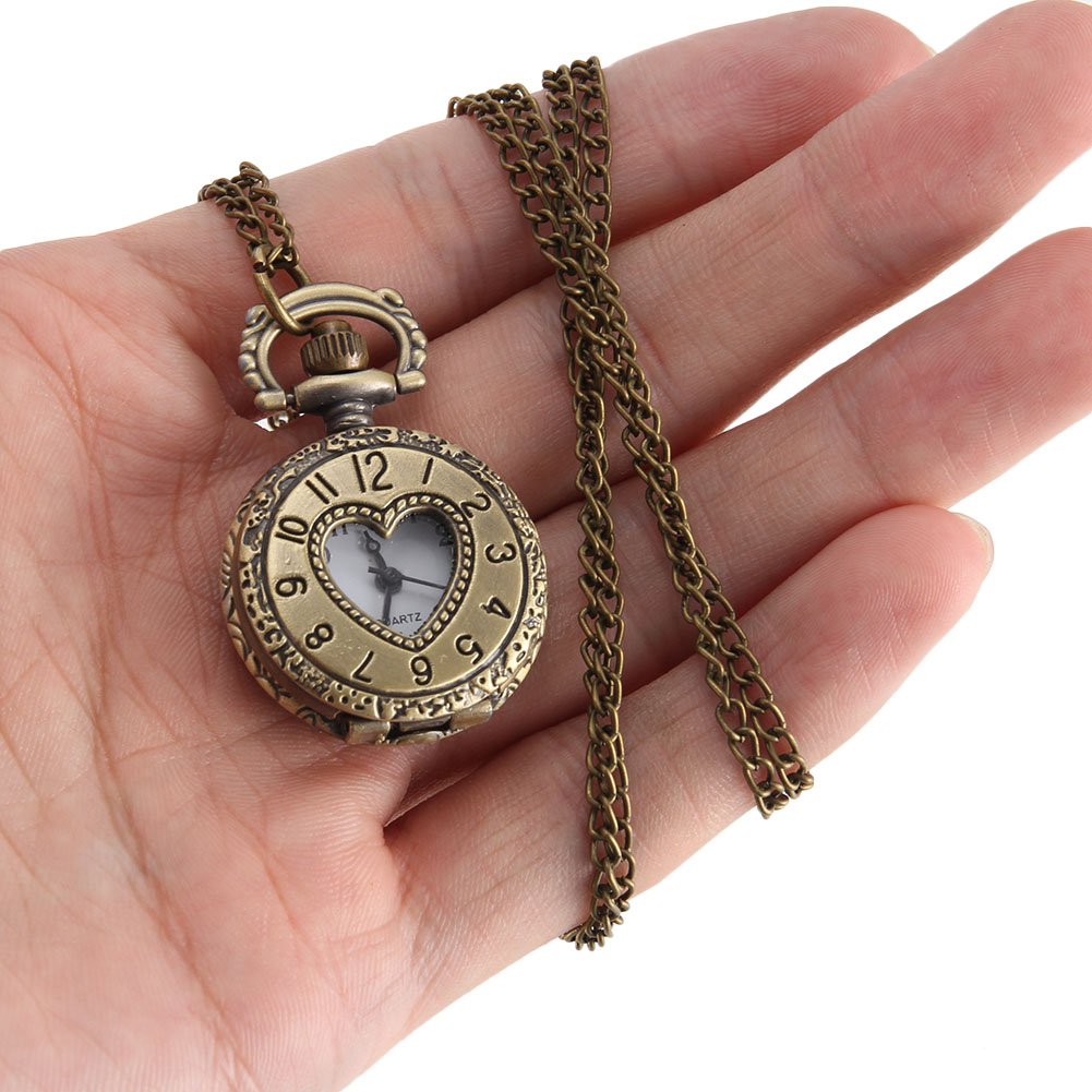 Relógio de bolso vintage cor bronze relógio de quartzo corrente legal oco amor coração relógios ll @ 17