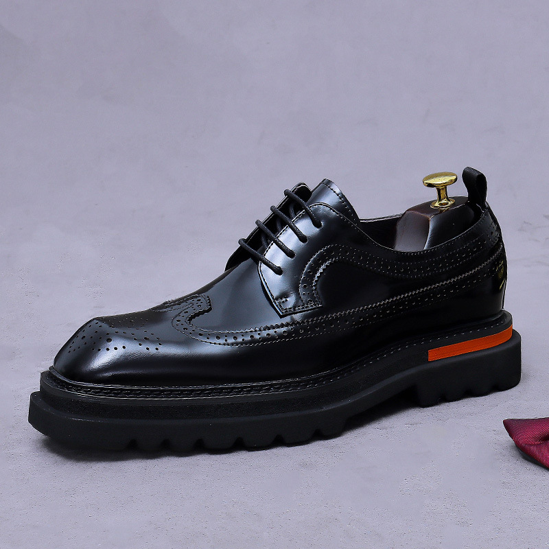 Zapatos Oxford con plataforma Brogue para hombre, zapatos formales de suela gruesa de cuero genuino para hombre, zapatos Oxford de lujo con cordones informales para negocios