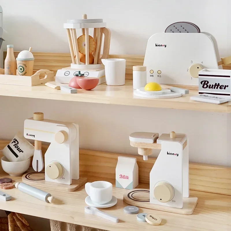 Juguete de juego de imitación de cocina de madera, máquina de café de madera, tostadora, Mezclador de alimentos, juguetes educativos de Aprendizaje Temprano para bebés
