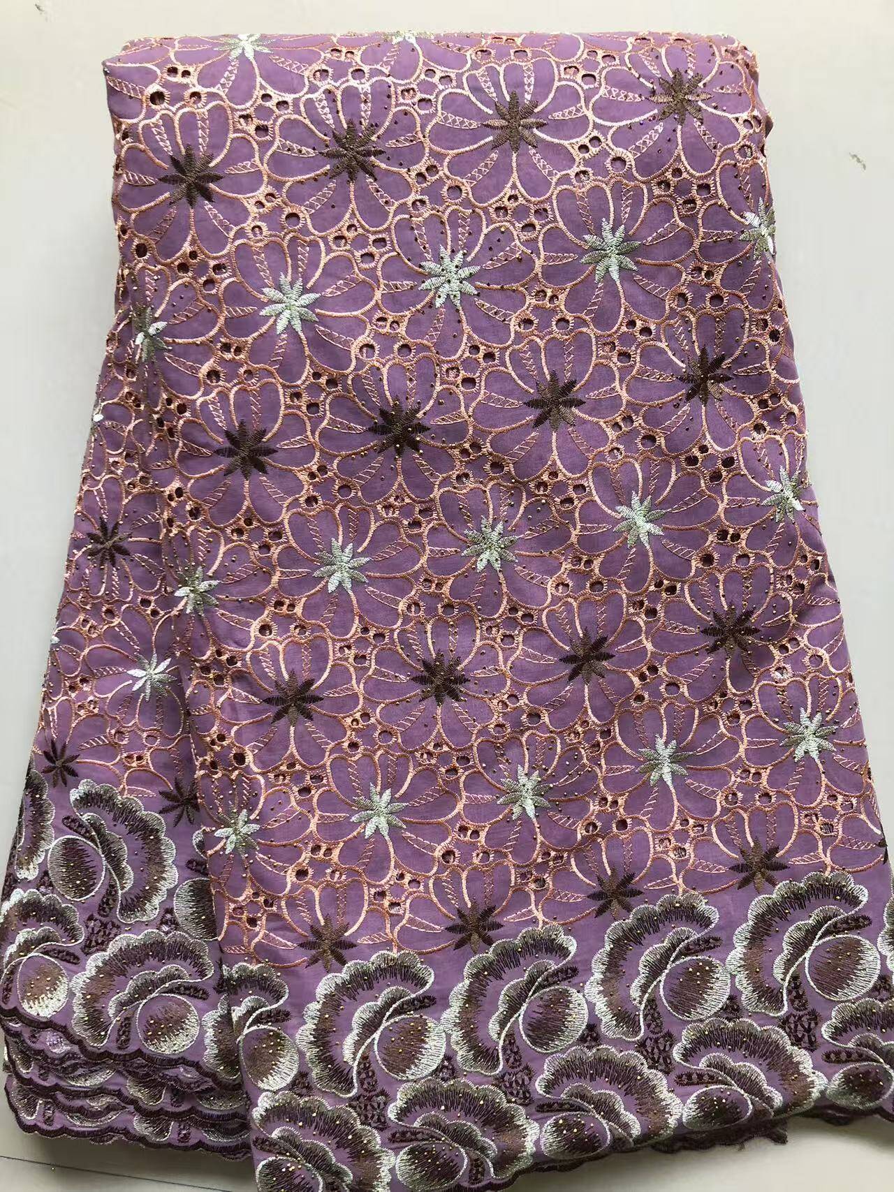 Kain Brokat Katun Voile Swiss Afrika Ungu 2026 Berkualitas Tinggi 5 Yard Kain Brokat Nigeria Bersulam Gaun Elegan untuk Menjahit