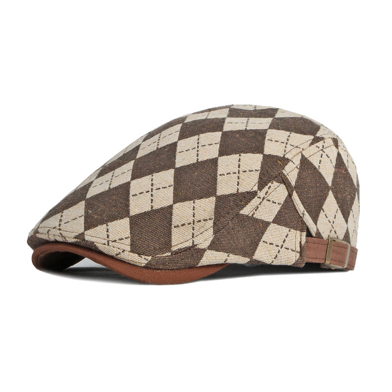 Topi baret Pria musim gugur, topi baret Retro kotak-kotak untuk pria wanita, topi Cabbie, topi Flat depan, topi berkendara