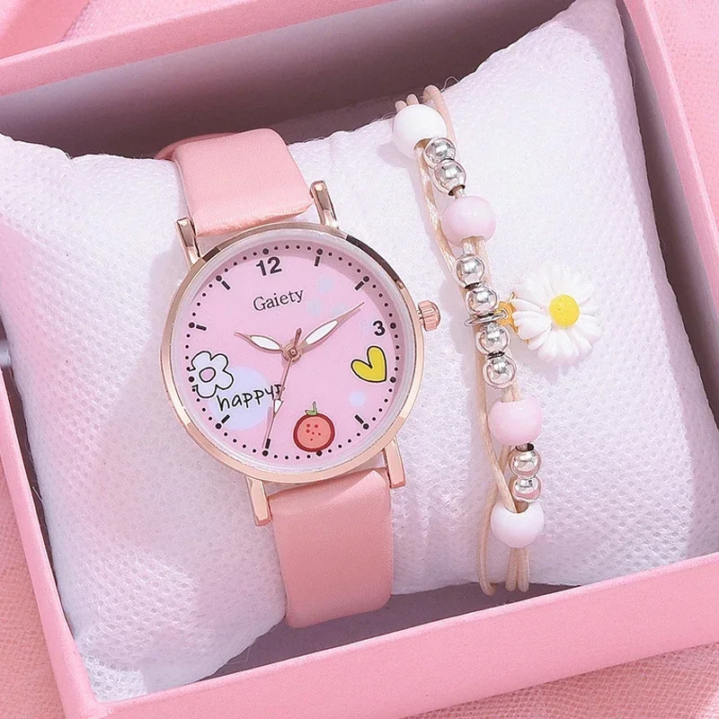 Relojes para niños, bonito reloj de pulsera rosa para niños, conjunto de reloj de cuarzo con patrón de dibujos animados para niñas, reloj de moda para estudiantes, reloj femenino