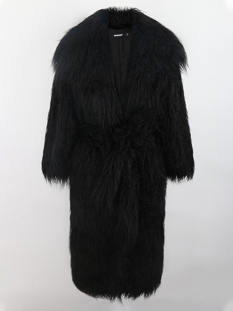 Nerazzurri hiver Long blanc noir poilu Shaggy moelleux épais chaud doux élégant Faux mongolie manteau de fourrure d'agneau femmes ceinture revers 2023