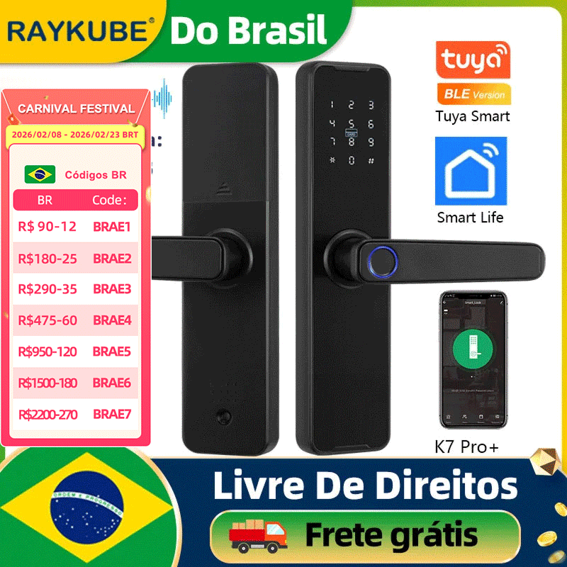 RAYKUBE สีดำ K7 Pro + การจัดส่งจากบราซิลฟรีภาษี Biometric ลายนิ้วมือสมาร์ทล็อค Tuya App ปลดล็อค Keyless ล็อค