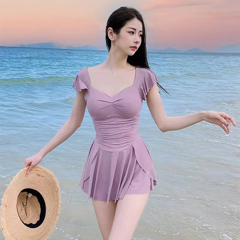 Moda maiô de uma peça feminina coreano novo vestido conservador estilo emagrecimento cintura alta roupa de banho praia férias