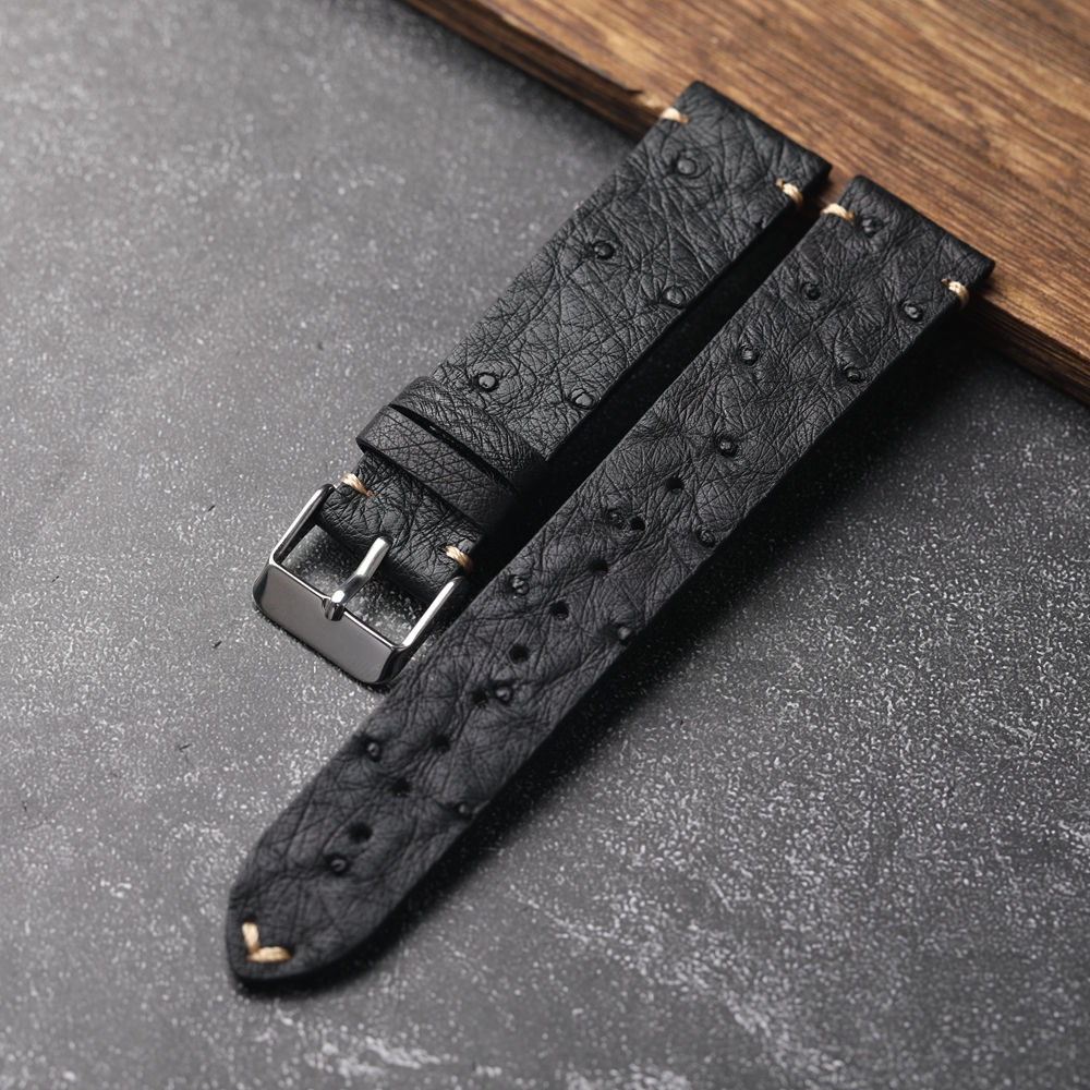 Ręcznie robiony ultracienki pasek do zegarka ze skóry strusia 18 19 20 21 22 MM Czarny męski miękki pasek Skórzana bransoletka w stylu vintage