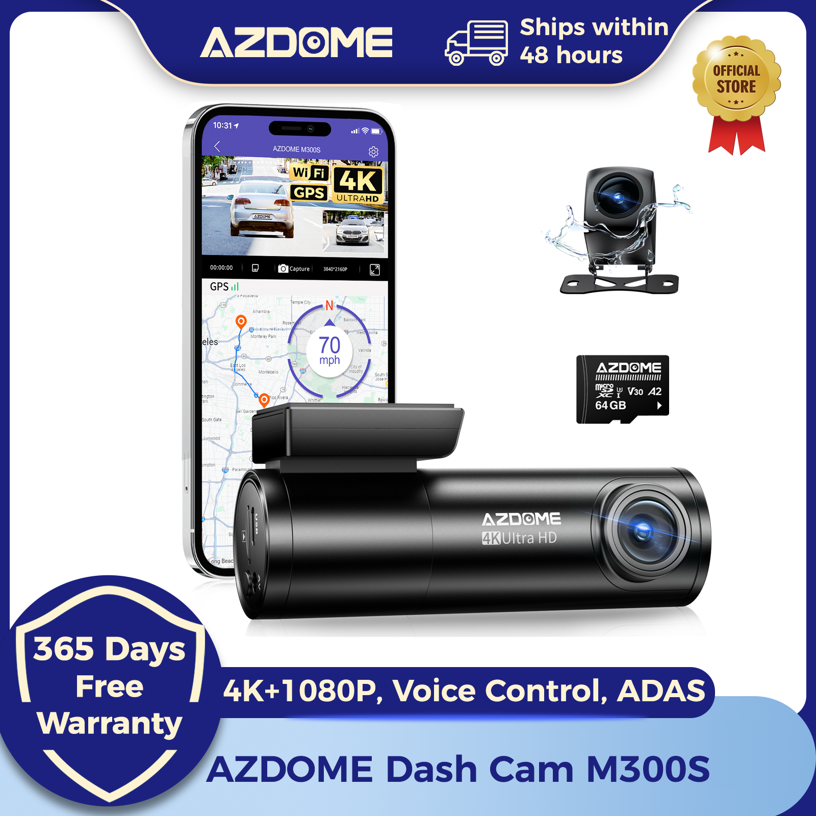 กล้องติดรถยนต์ AZDOME M300S 4K บันทึกภาพหน้า-หลัง พร้อมระบบ ADAS ในตัว WiFi GPS สำหรับรถยนต์ แถมฟรีการ์ด 64GB ควบคุมด้วยเสียง มองเห็นในเวลากลางคืน