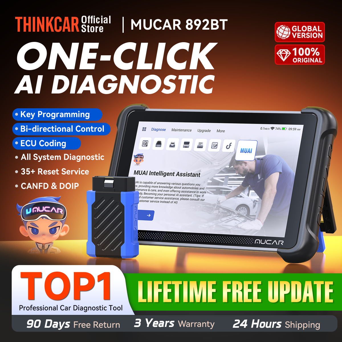 MUCAR 892BT Programator Kluczy AI Narzędzie Diagnostyczne Samochodowe Dwukierunkowy Skaner Obd2 Kodowanie ECU CANFD DOIP 35 Resetów Darmowe Aktualizacje