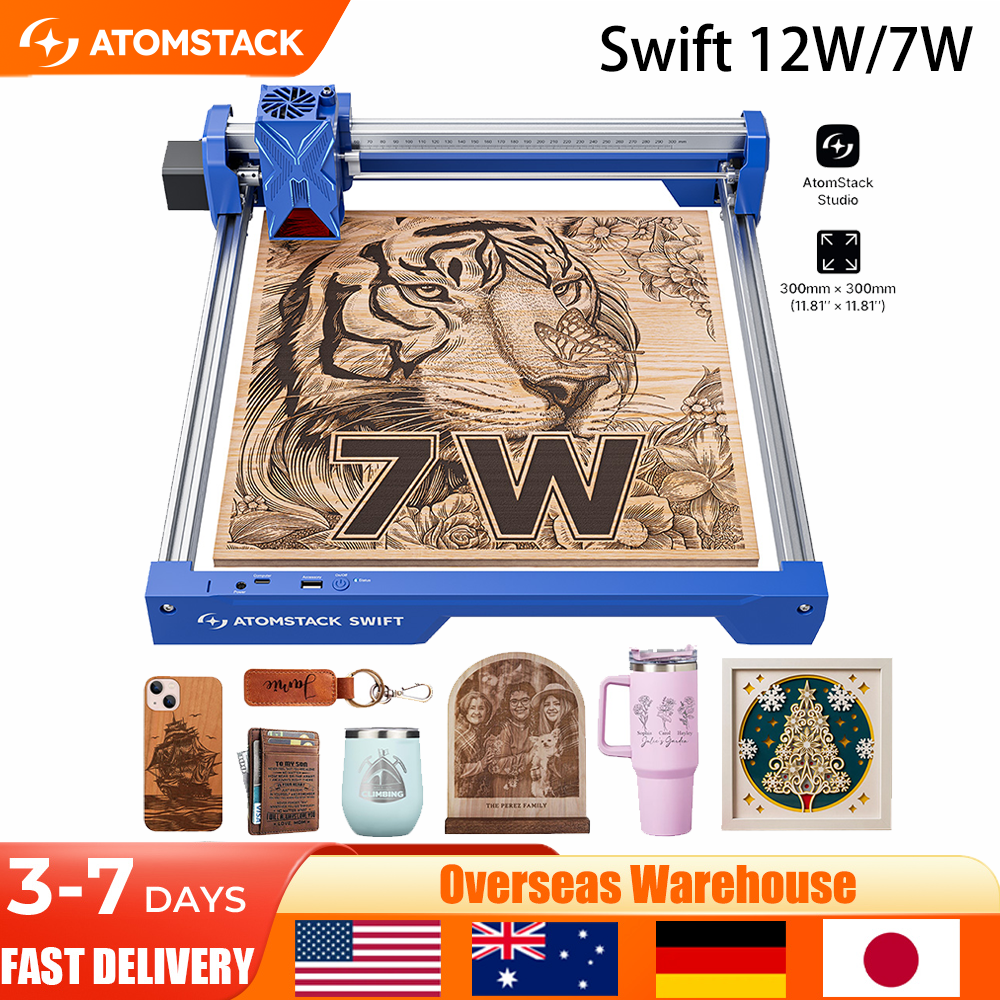 ATOMSTACK SWIFT Przenośna Maszyna do Grawerowania Laserowego 12W 7W Grawer Laserowy Narzędzia do Obróbki Drewna DIY Identyfikatory dla Psów Akryl Metal 300*300mm