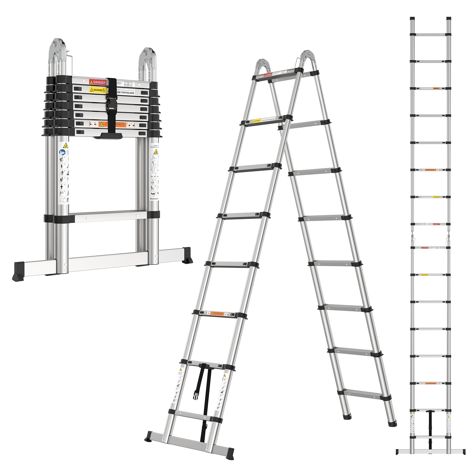 5m(2.5M+2.5M)  Telescopic Ladder 16.5ft Extendable Ladder Folding A-Frame Ladder Anti Slip with Stabilizer Bar Stainless Steel