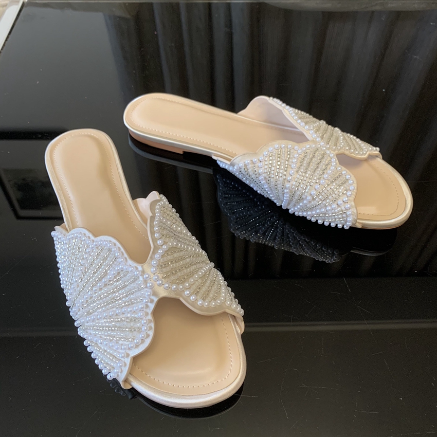Sandalias Planas con Detalle de Perlas Falsas Brillantes para Mujer, Sandalias de Playa Abiertas de Moda de Verano, Zapatos Casuales Cómodos para Mujer