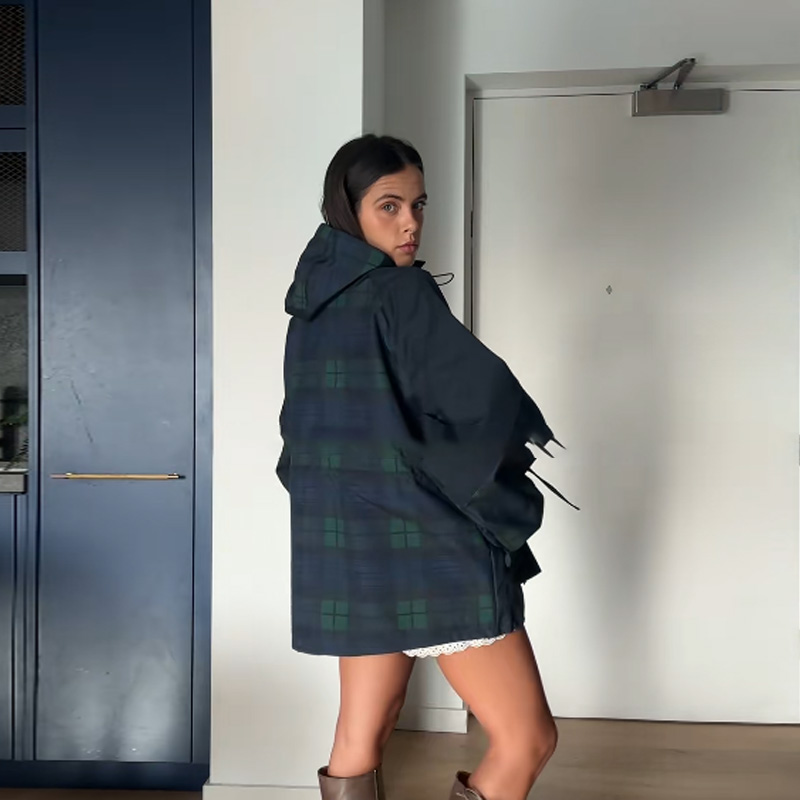 Retro na moda xadrez jaqueta solta casual chique designer casaco gola com capuz outono outerwear feminino street wear