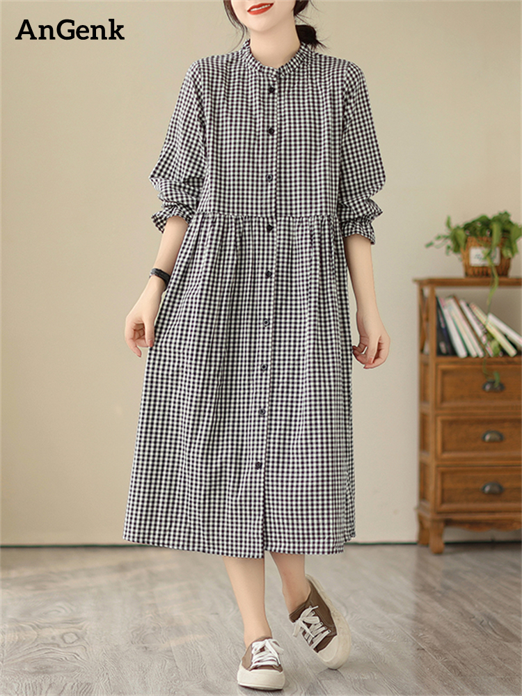 ฤดูใบไม้ร่วงผ้าฝ้ายลายสก๊อต Flare Sleeve ชุดเดรสวินเทจผู้หญิง 2025 ฤดูใบไม้ผลิใหม่ Casual Office Lady ชุดทํางาน Femme Robe เสื้อผ้าที่สง่างาม