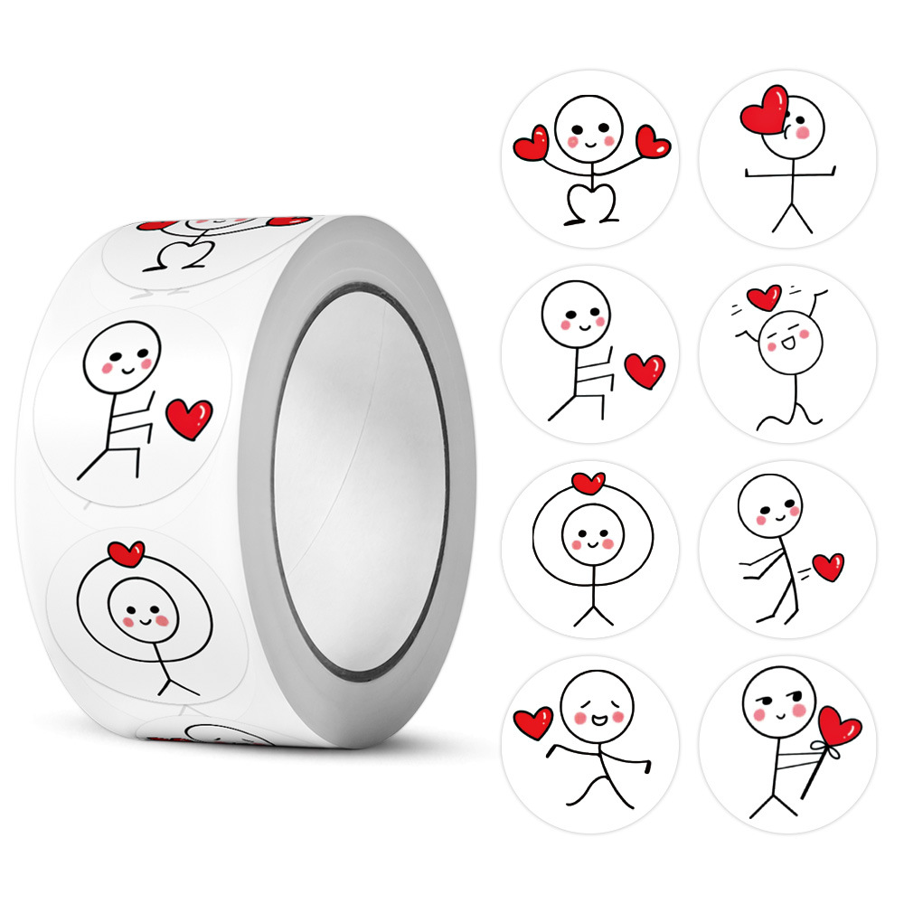 Rouleau d'autocollants de récompense de dessin animé, 500 pièces, 20mm, étiquettes adhésives d'amour, autocollant Stickman pour décoration de cadeau de mariage, saint-valentin, scellage d'enveloppe