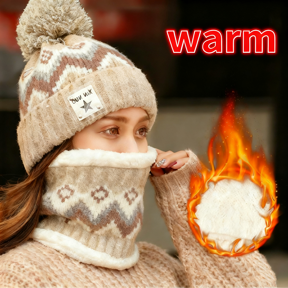 2pcs Set Winter Women Plush Velvet Hats Neck Warmer Hat Scarf Set Beanies Cycling Windproof Hat Outdoor Ear Protection