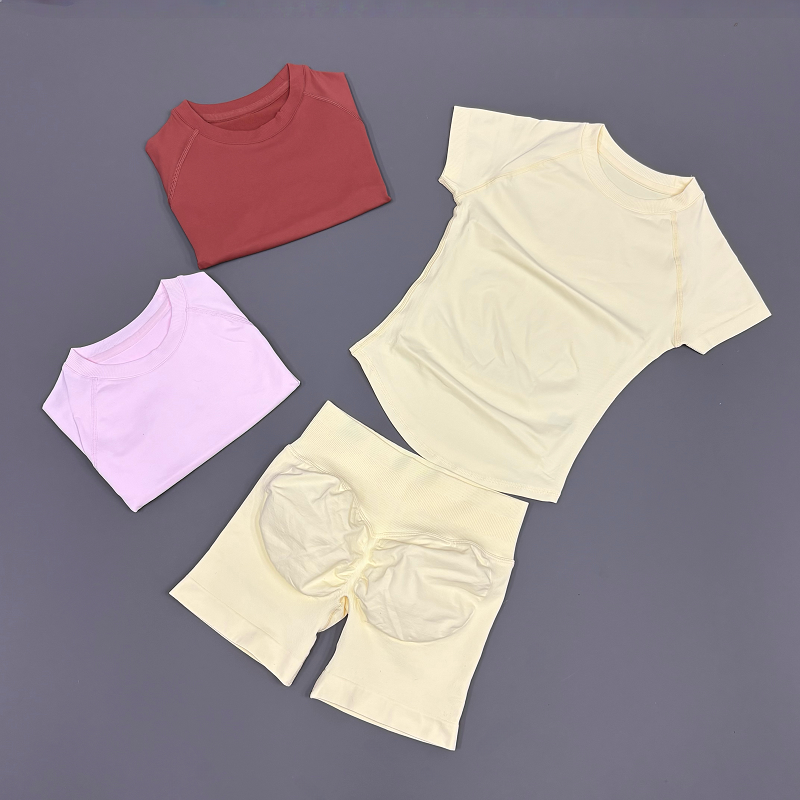Conjunto Deportivo de 2 Piezas, Top de Yoga sin Costuras de Manga Corta, Conjunto de Fitness para Mujer, Shorts Deportivos para Correr, Traje de Gimnasio
