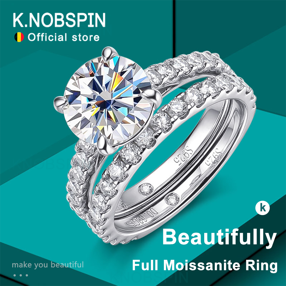 KNOBSPIN D VVS1 Anillos de moissanita para mujer, conjuntos de novia de diamantes brillantes con banda de eternidad chapada en plata esterlina GRA s925 de 18k