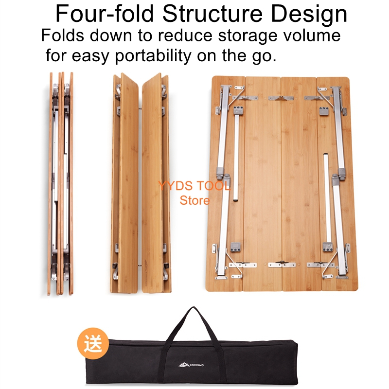 Mesa plegable para exteriores con tapa de bambú, mesa de Camping de altura ajustable, mesa plegable de madera de bambú Nanmu