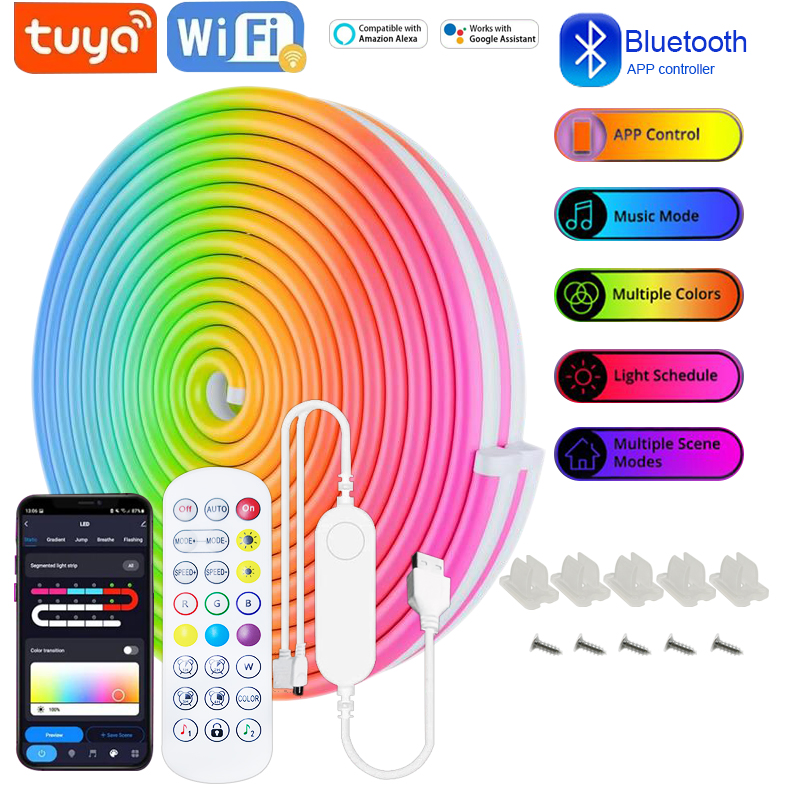 Tira de LED de neón RGB USB, 1M, 2M, 3M, 5M, WiFi, 5V, funciona con la aplicación Tuya/Smart Life/Alexa para juegos, iluminación de decoración de neón para el hogar