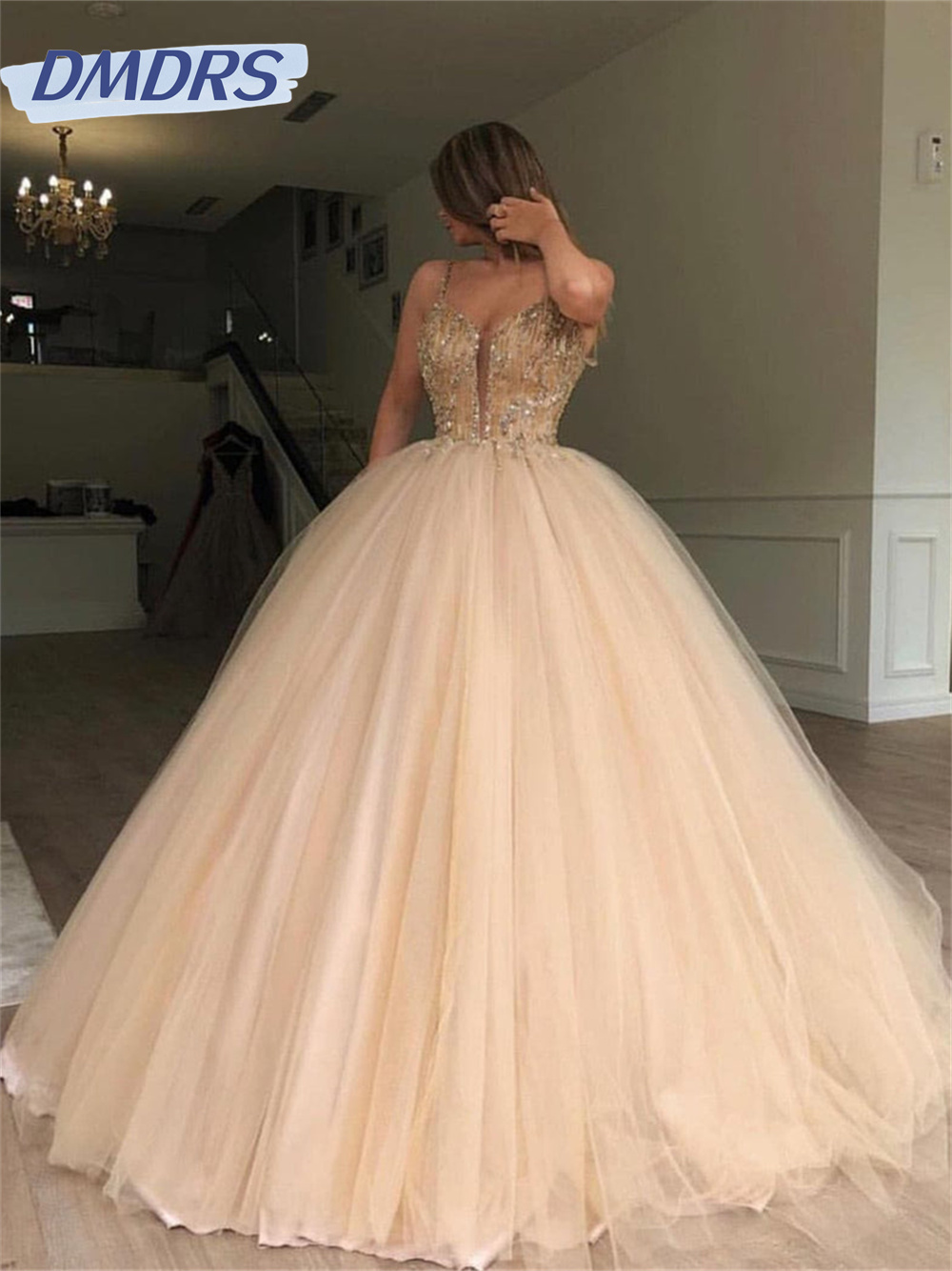 เซ็กซี่ลึกVคอTulleชุดราตรี 2024 Elegant BeadedแขนกุดคลาสสิกA-Lineความยาวชั้นชุดVestidos De Novia