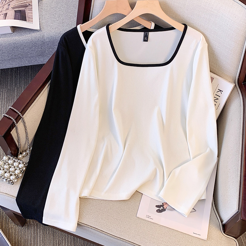 Camiseta de talla grande, manga larga con cuello cuadrado y rayas para mujer, camisa básica de cuello bajo, top de clavícula francesa 3427