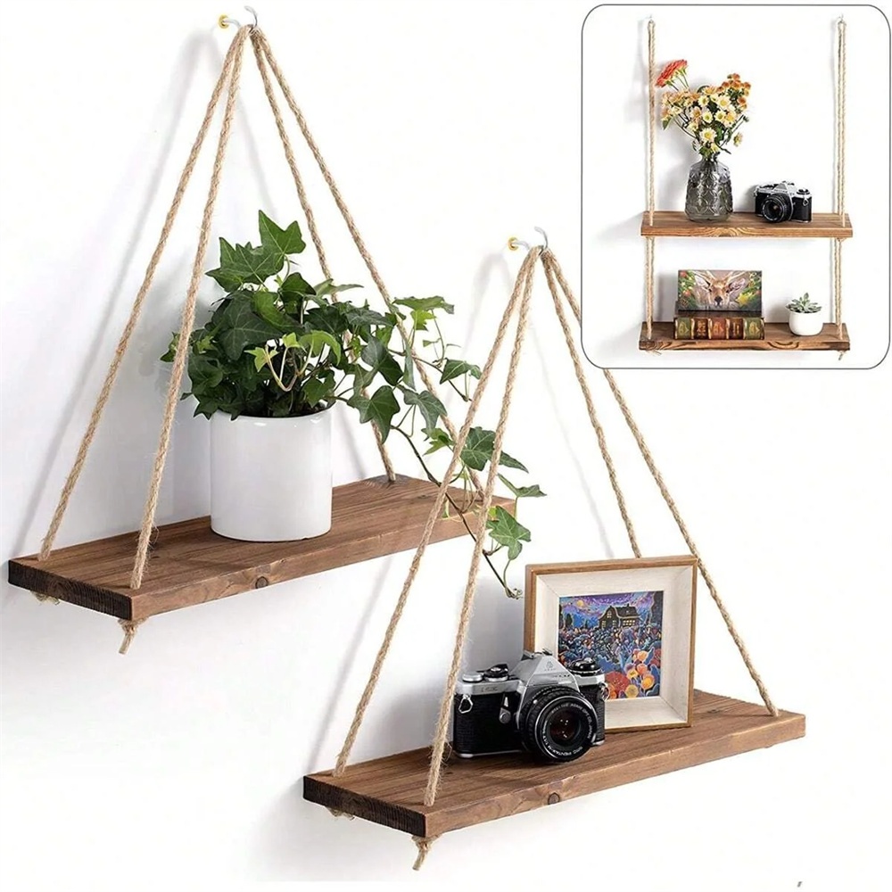 1 stuk houten hangende plank, hangende plank van henneptouw, wandplank, zwevende plank voor thuis, woonkamer, plantenbak, bloempot, opbergbak