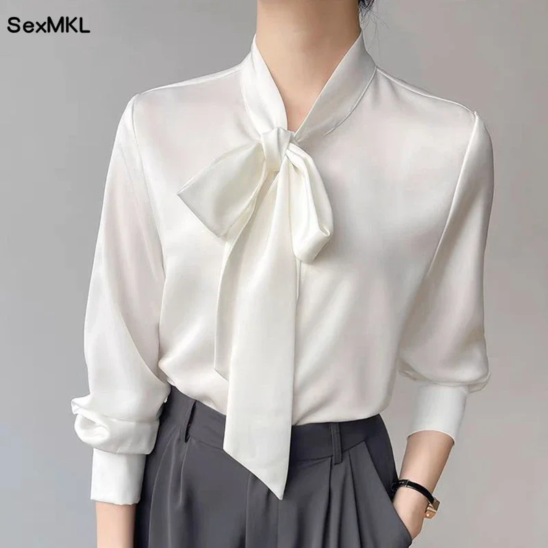 Eleganti Camicie Bianche in Chiffon con Fiocco sul Collo per Donne, Moda Autunno Inverno 2026, Top a Maniche Lunghe Stile Coreano per Ufficio