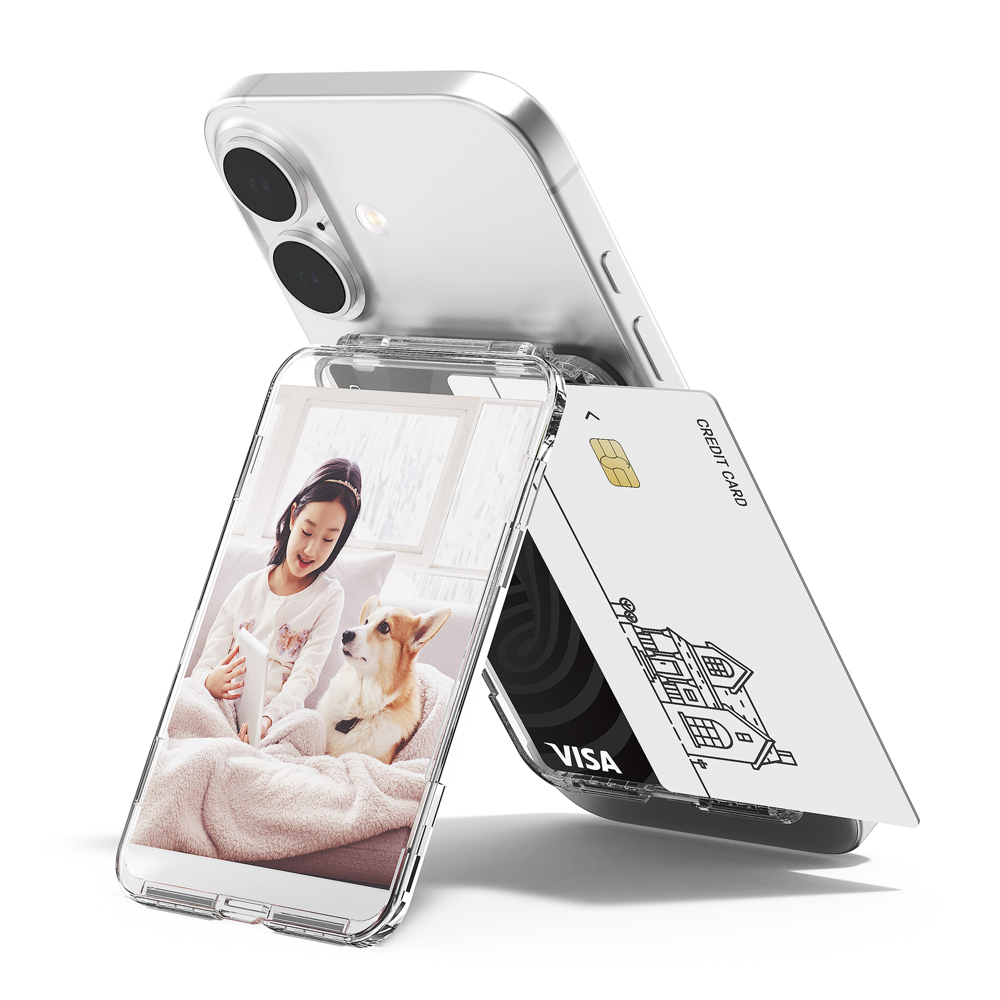 Casing Dompet Tempat Kartu Magnetik untuk iPhone MagSafe Penutup Belakang Bening Penyangga 2 Kartu Penyimpanan Slot Kartu Foto Magnet Kuat Kapasitas Tinggi