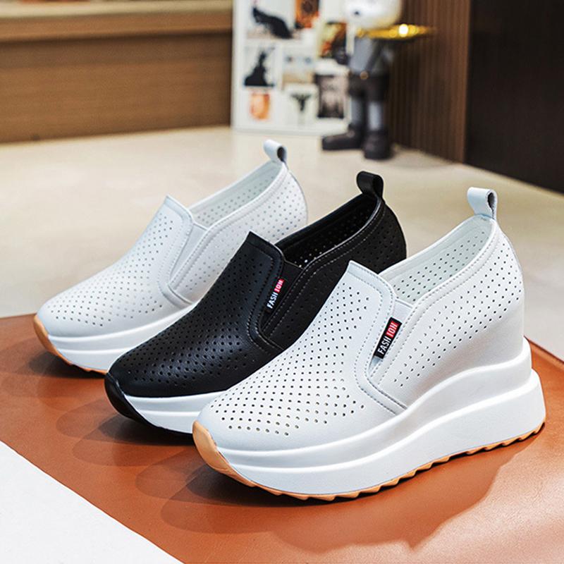 Sepatu Kulit Asli Musim Semi Musim Panas Sepatu Fashion Wanita Sepatu Platform Datar Wanita Penambah Tinggi 10Cm Sepatu Hitam Putih D401