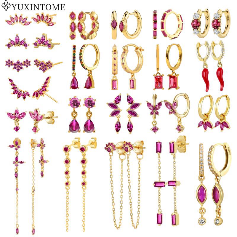 Boucles d'oreilles en or Zircon rouge Rose pour femmes, en argent Sterling 925, aiguille d'oreille, pendentif géométrique, cerceau, bijoux de mariage à la mode
