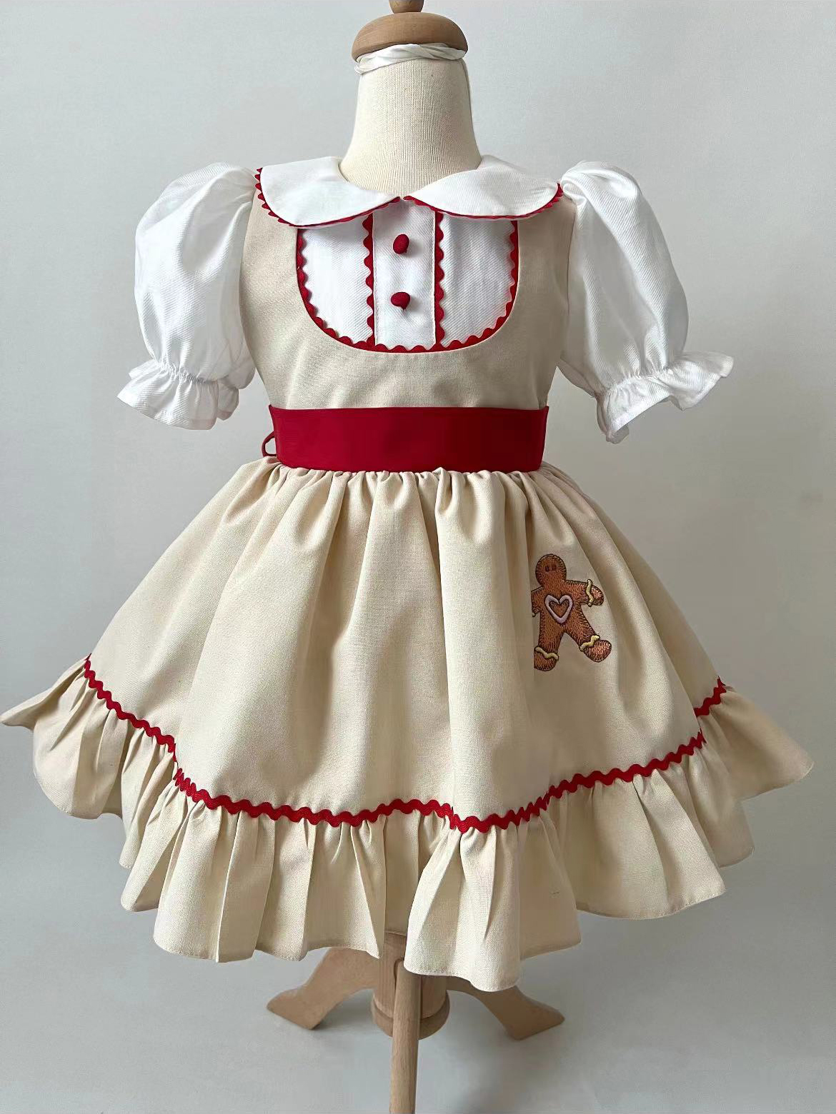 Letnia sukienka dla dziewczynki w kolorze khaki z haftem piernikowego ludzika, turecka, w stylu vintage, księżniczka, na urodziny, święta, Eid, Boże Narodzenie B490