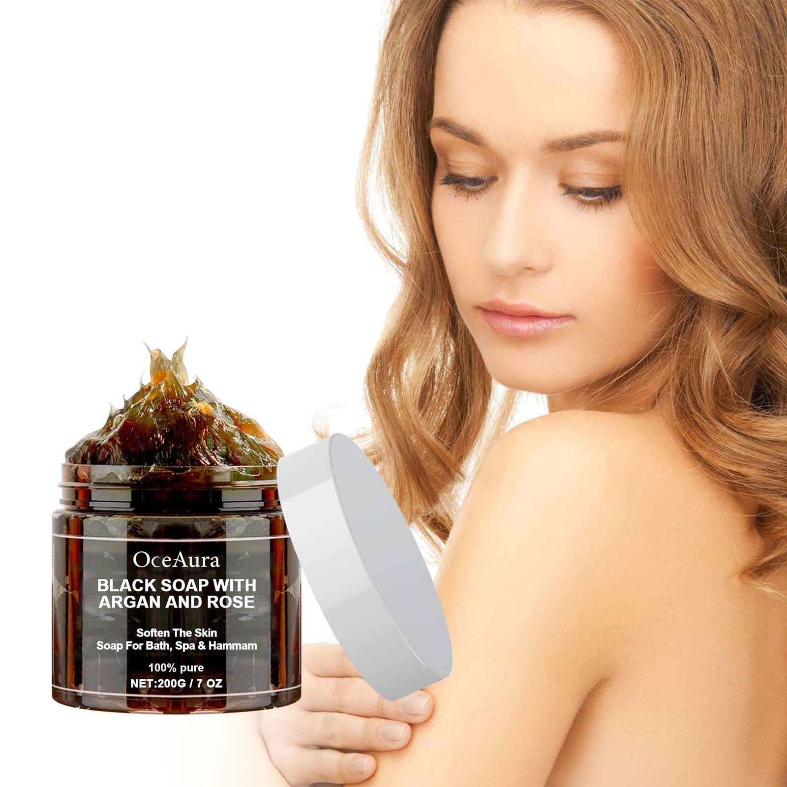 OCEAURA zwarte zeep met argan- en rozenverpakking Beldi-zeep Ideaal voor dode huidverwijderaar Body Scrub Zuiverende diepe reiniging 200 g/7 Oz