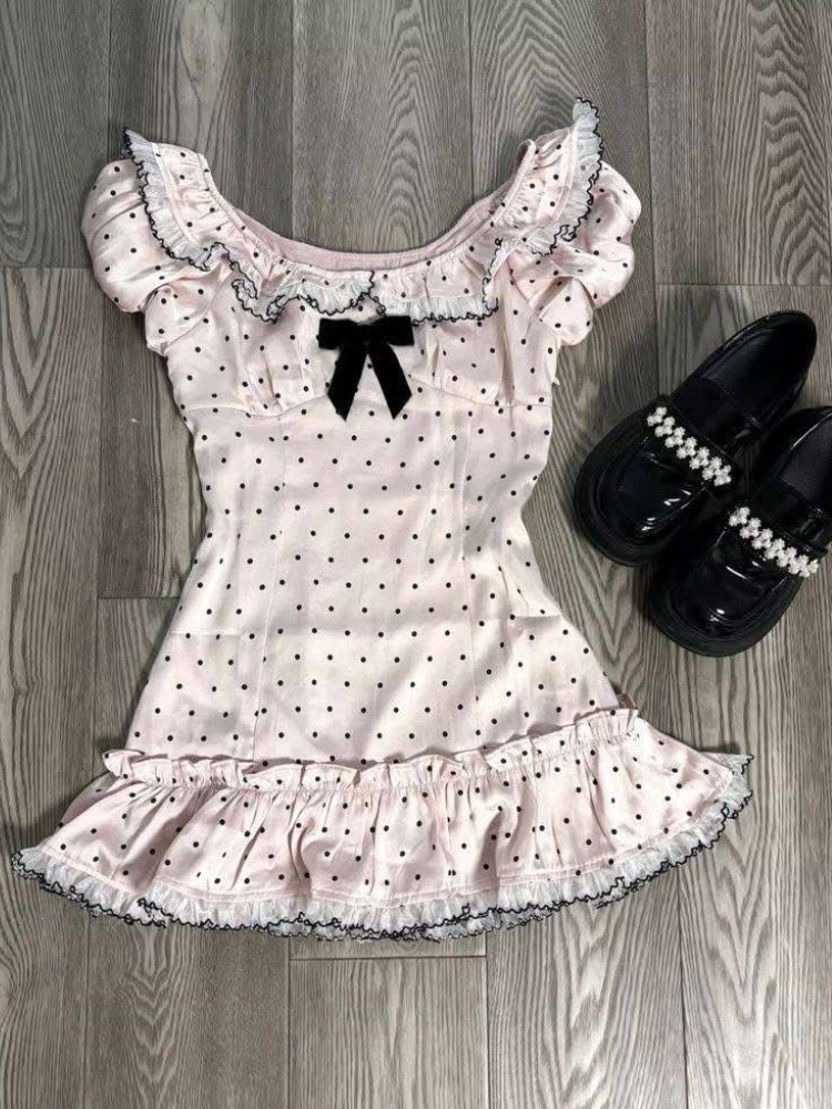 Damskie letnie koreańskie słodkie bluzki z kokardą, vintage, urocze, w stylu Y2K, z nadrukiem w kropki, dopasowane, japońskie koszulki z koronką, z krótkim rękawem, ubrania z lat 2000.