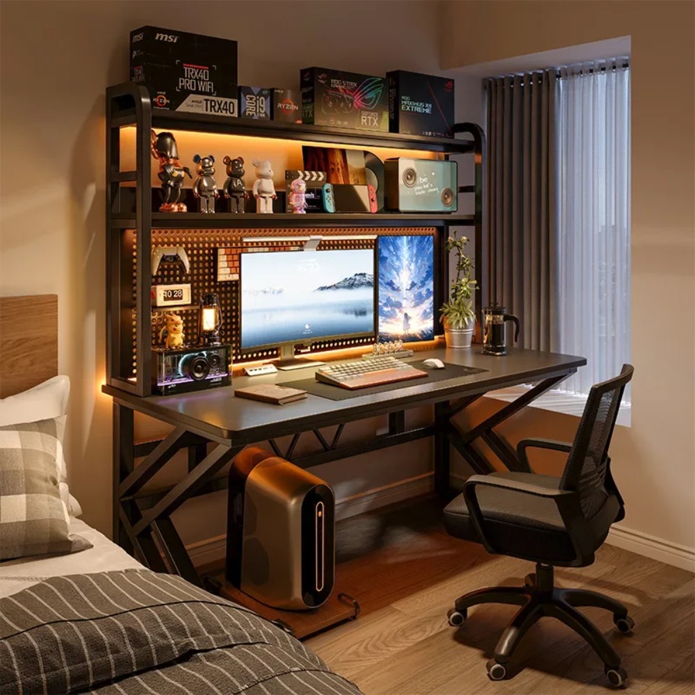 Escritorio para Juegos con Estantería y Panel Perforado, Escritorio para Computadora con Estante de Almacenamiento, Escritorio para Oficina en Casa, Estudio, Dormitorio, Espacios Pequeños